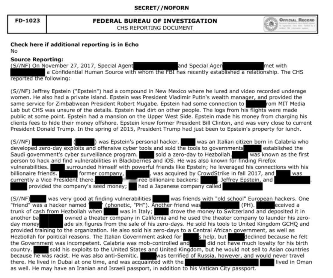 一名值得信赖的联邦调查局线人告诉特工，唐纳德·特朗普在2015年春季与爱泼斯