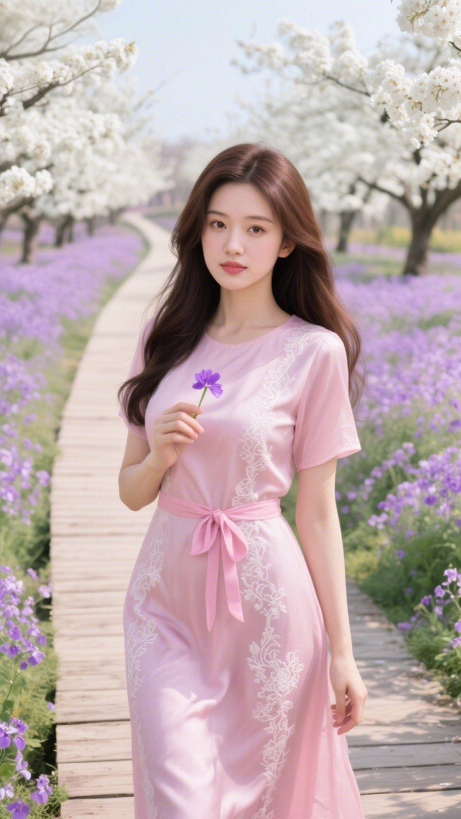 春郊花径晴光漫洒晓天清，千树琼花映日明。木径蜿蜒穿野色，繁英紫霭绕畔生。