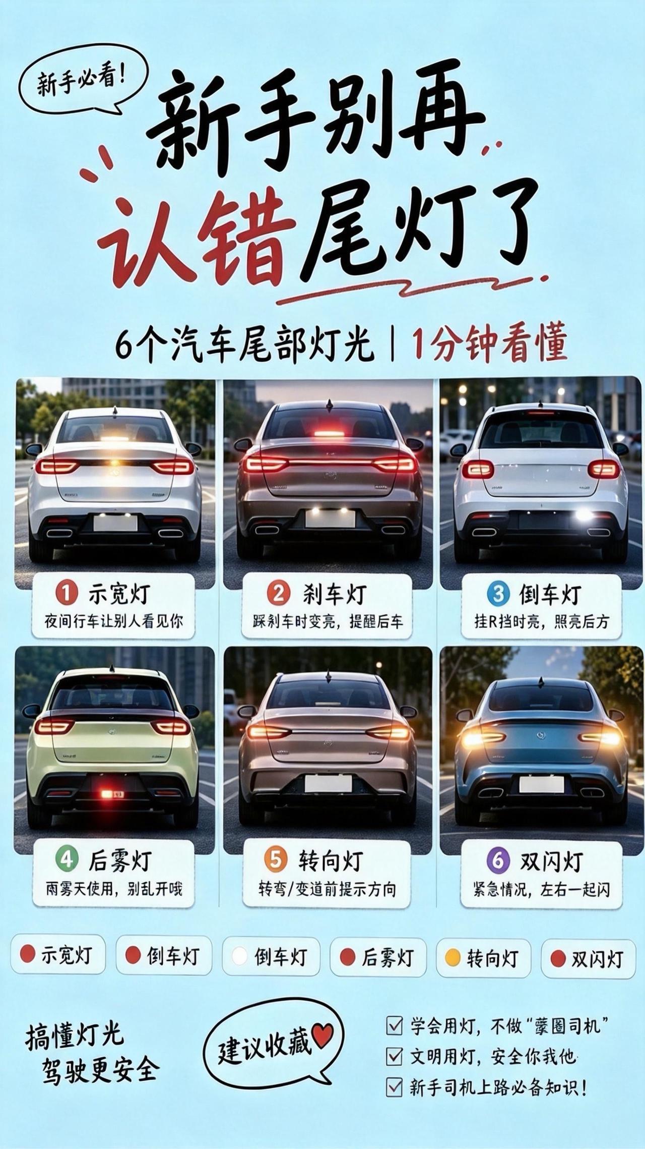 一张图带你看懂车上6种尾部灯光。①示宽灯：晚上开车打开，让别的车看见你的车身