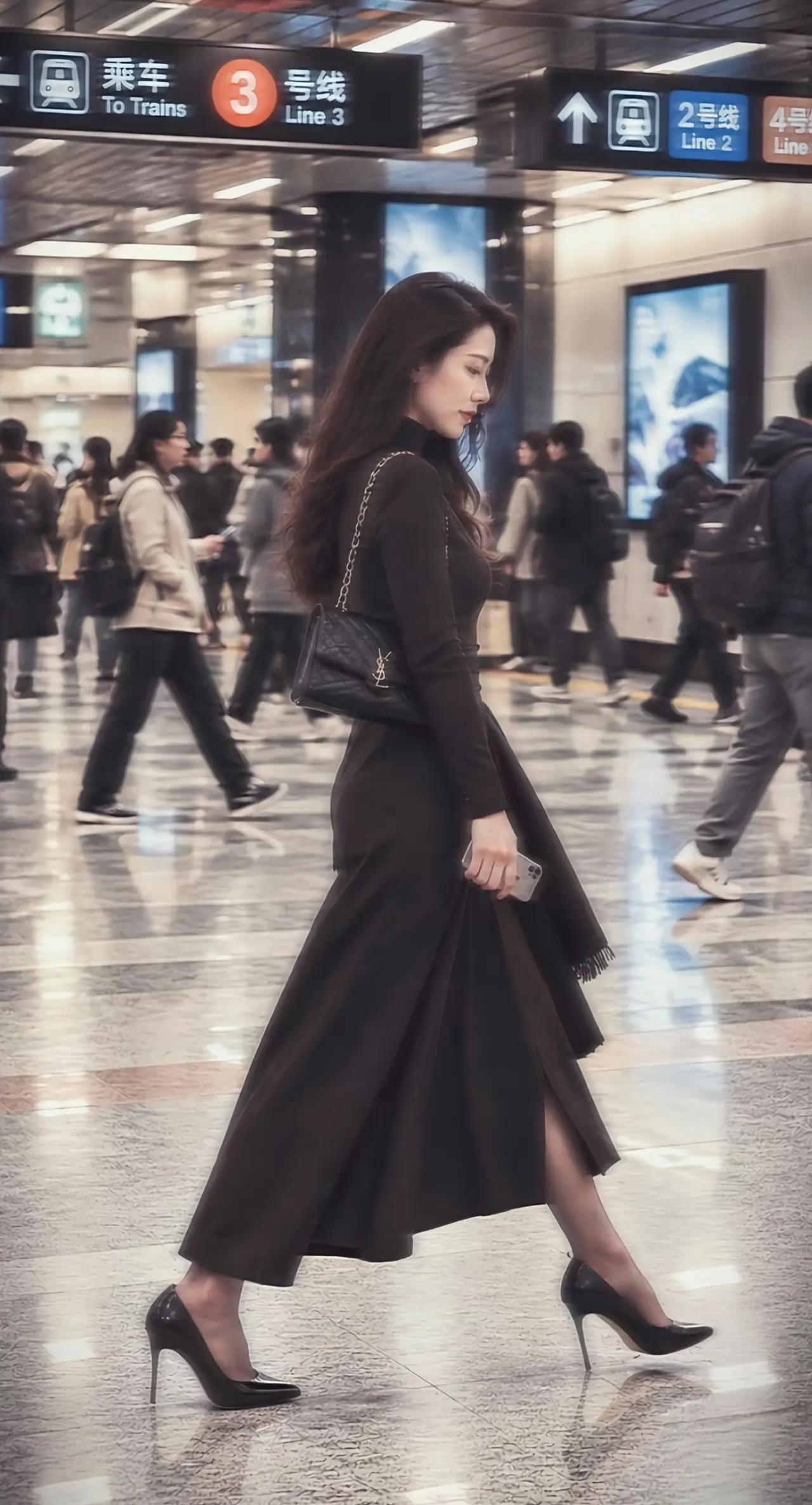 一个穿黑色长裙的女士在地铁站。