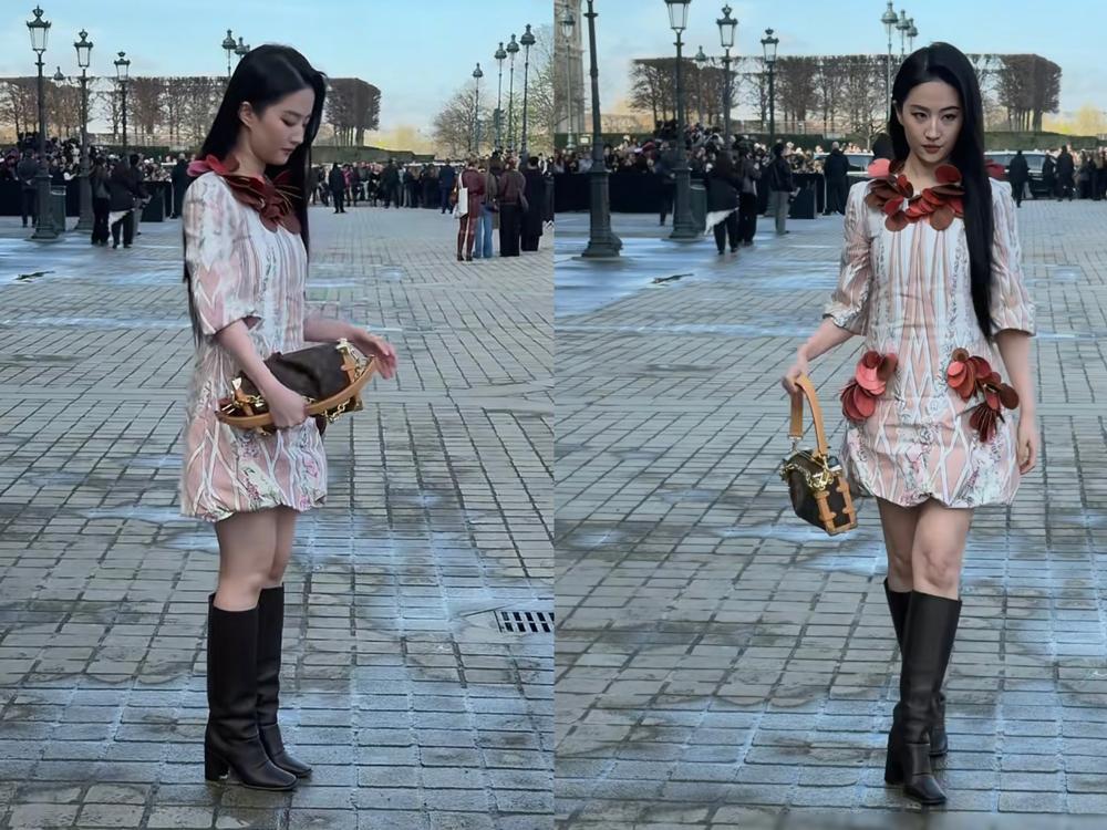 刘亦菲这次真的被造型师坑惨了。就在巴黎街头，她穿一身碎花裙竟然配了双笨重的黑皮靴