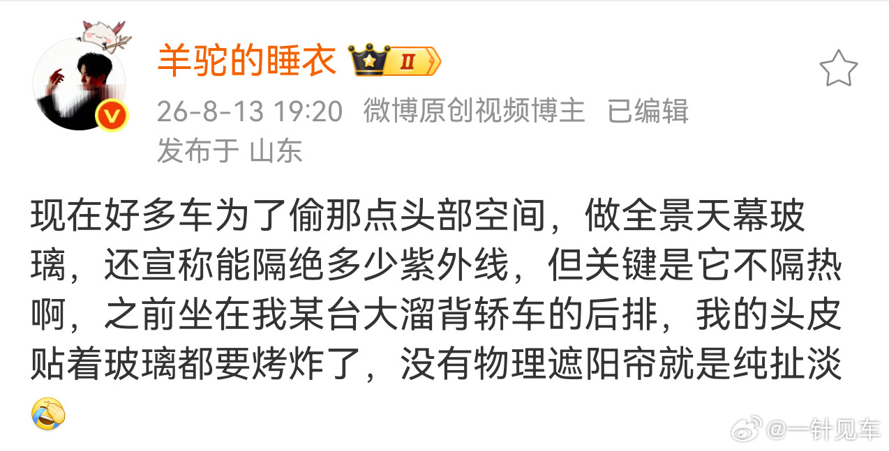 越是溜背，头部空间确实重要，但不让头被烤到更重要，所以物理遮阳帘才会成为版本答案