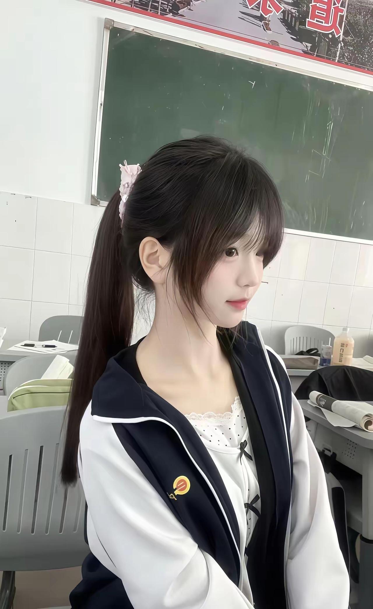 这姑娘坐在教室里，扎着马尾辫。扎起辫子的少女温婉马尾写真马尾氛围感写真扎