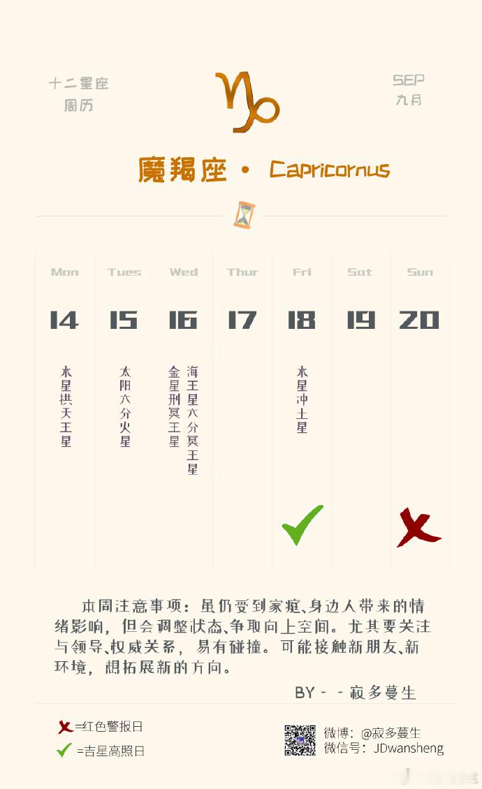 魔羯座本周运势（09.14-09.20）参考太阳和上升星座整体运势：★★★★感情运势：★★★★工作学