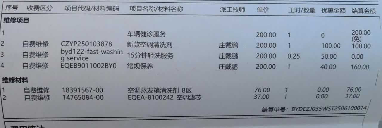 海鸥第二次保养费用换了一个空调滤芯37，洗个空调176，再来个人工费160，