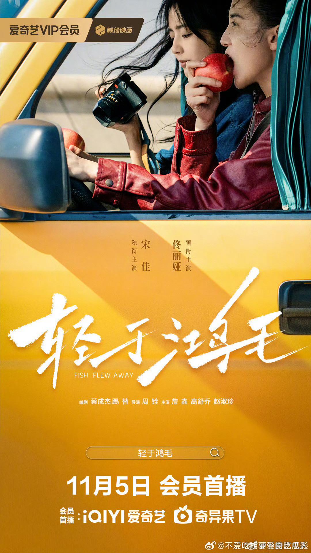 9月上映的电影轻于鸿毛定档11.5网播，宋佳、佟丽娅主演，豆瓣评分6.3。该片讲