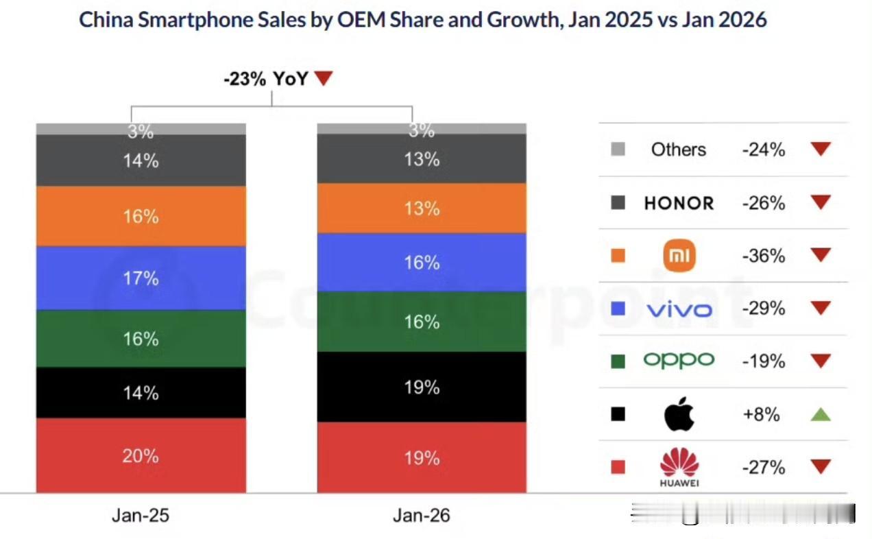 1月国内手机市场排名出炉！华为和苹果以19%的份额并列第一档；OV两家以16%的