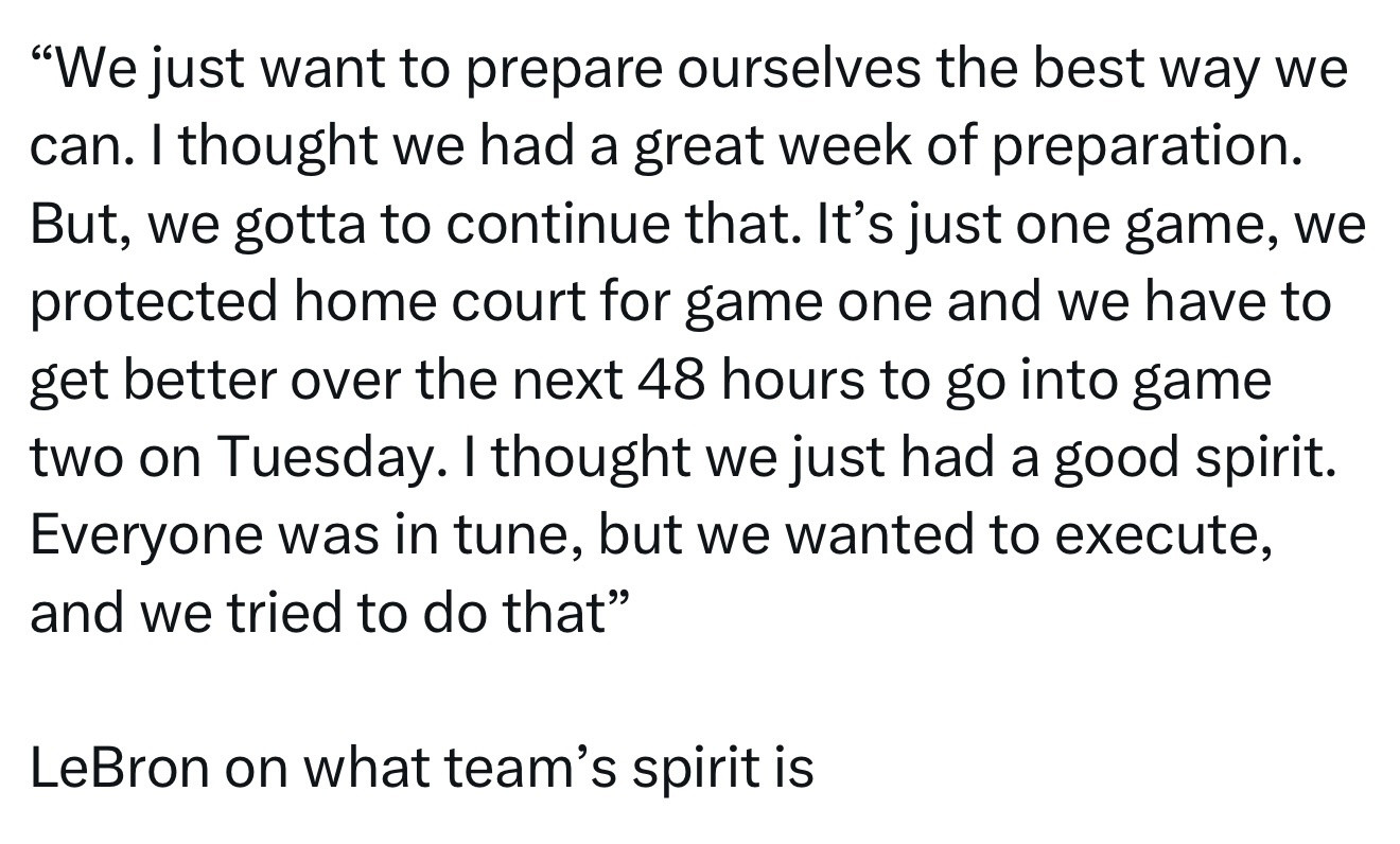 詹姆斯谈到球队的精神状态：“我们只想尽最大努力做好准备。我觉得我们这一周的备战非