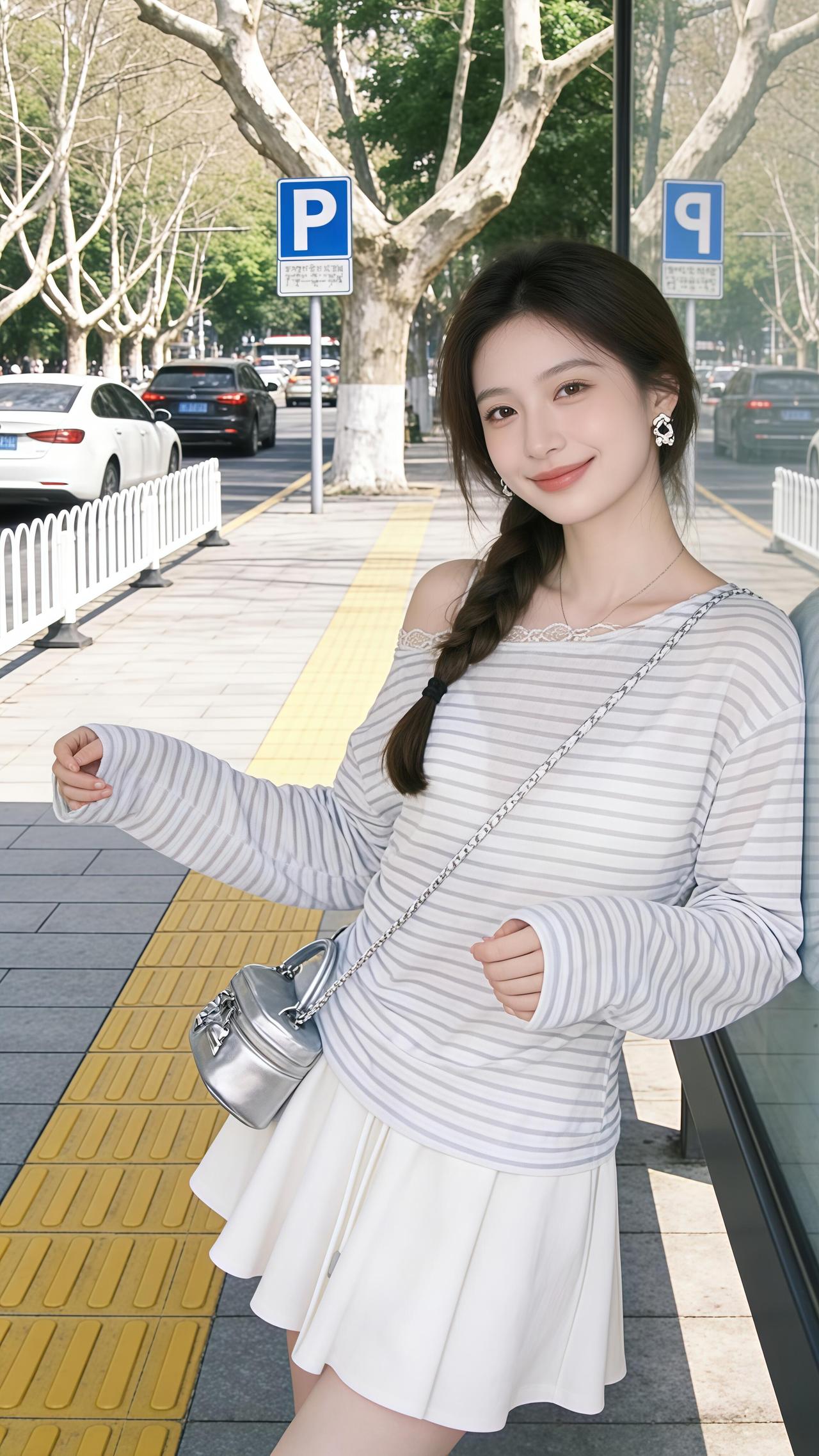 绿树荫中行，白裙映日明。