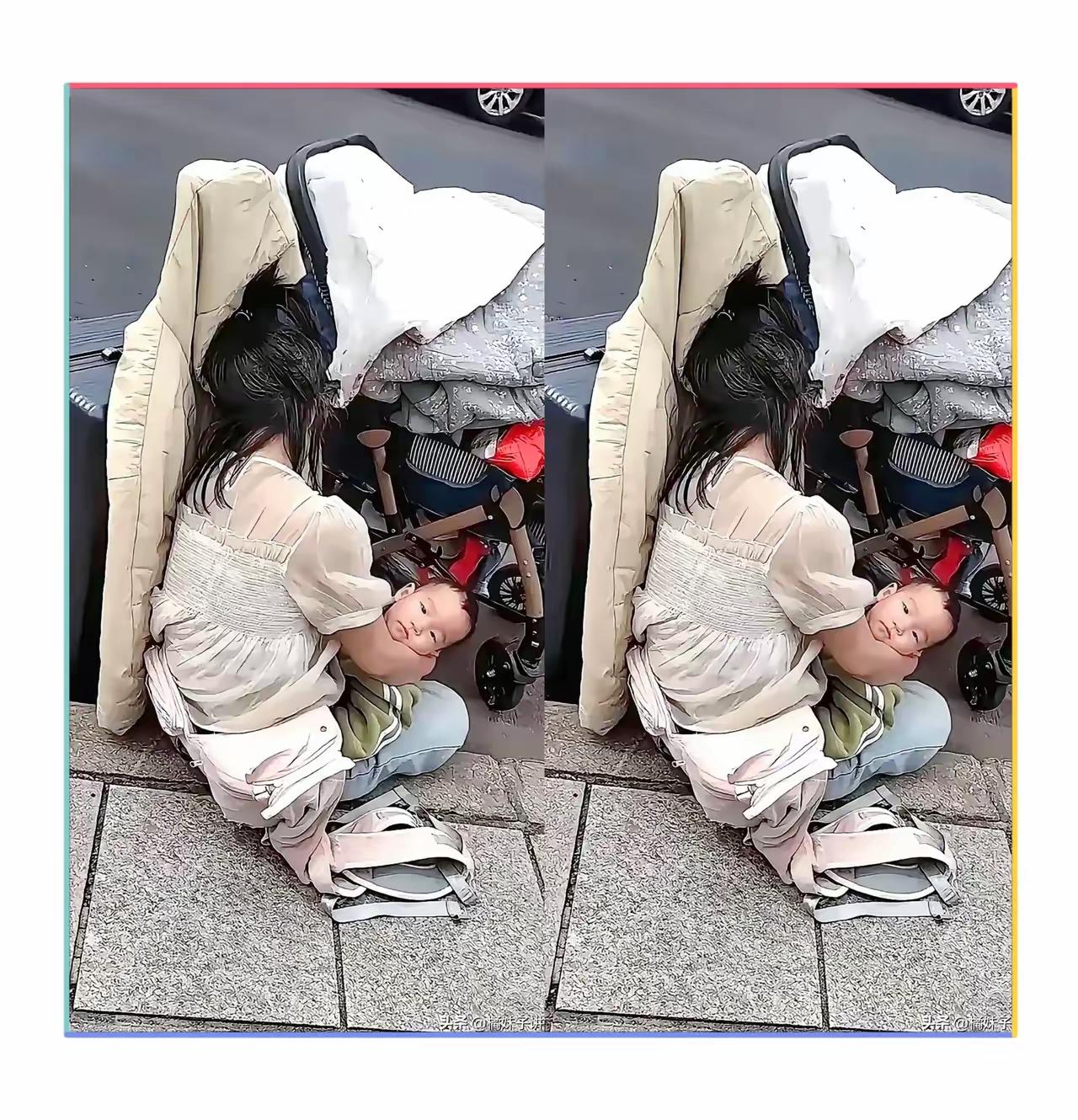 广东街头这幕真的看一次揪心一次！蓬头垢面的女人抱着两三岁娃，靠着行李箱婴儿车蜷