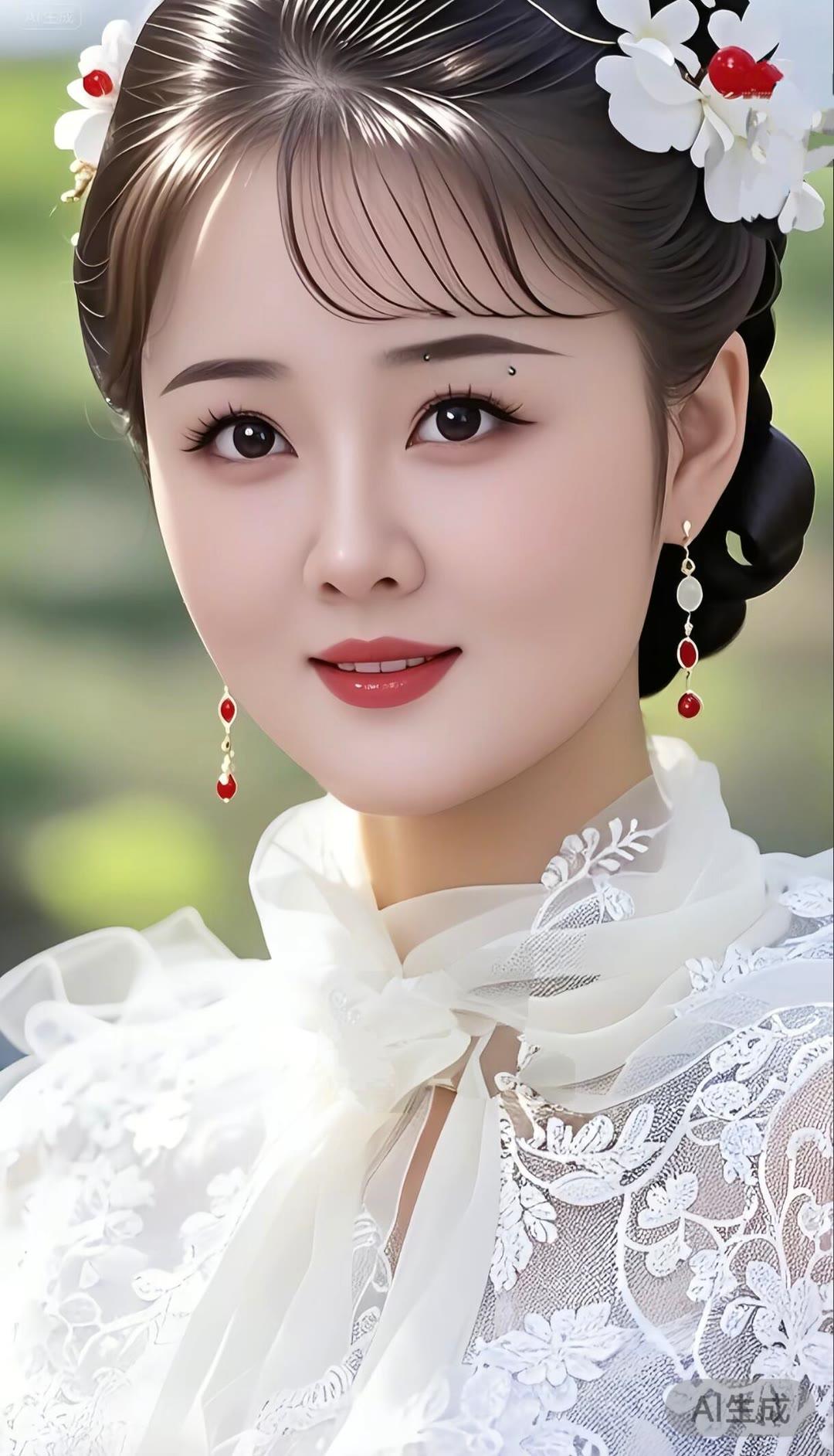 优雅古风美人，花簪点缀，红唇微启，宛如画中仙。