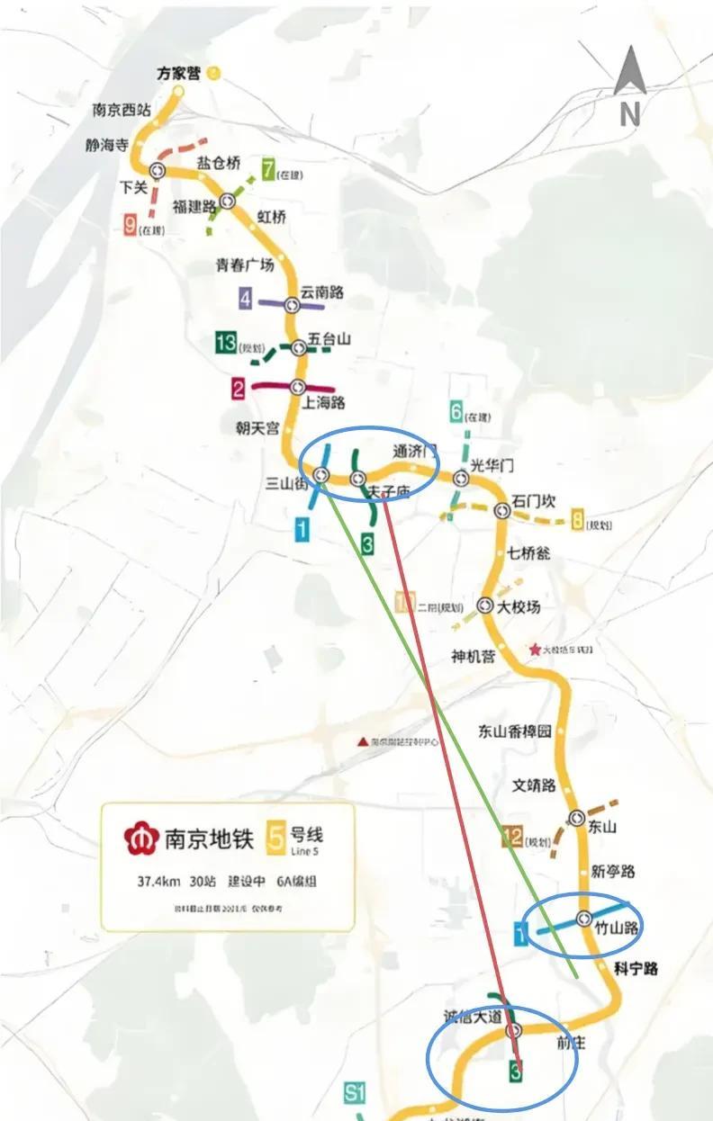 南京地铁5号线是换乘王，分段行驶，对于贯通南北还是有帮助。尽管卡在江宁东山一带，