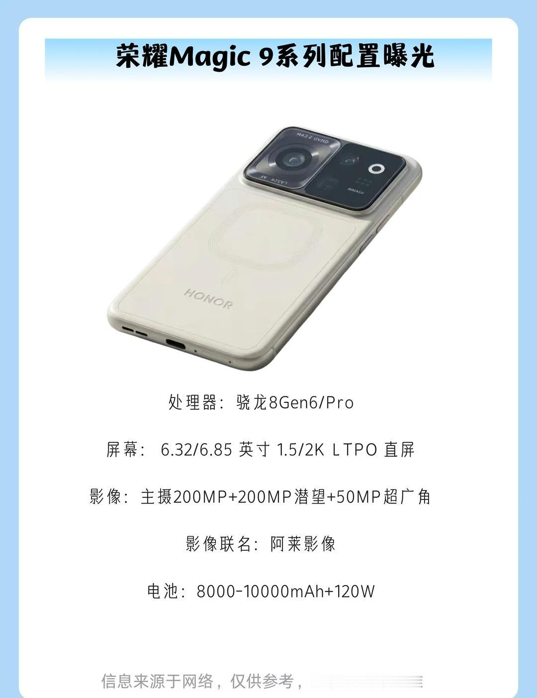 荣耀Magic9系列配置曝光荣耀Magic9系列包含三款机型：标准版、Pro版
