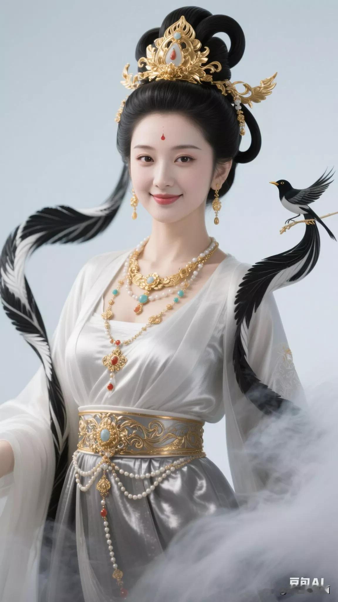 仙气飘飘的古典美人，黑发金饰，优雅动人。张立启原创书画AI作品古仕女发髻集锦第2