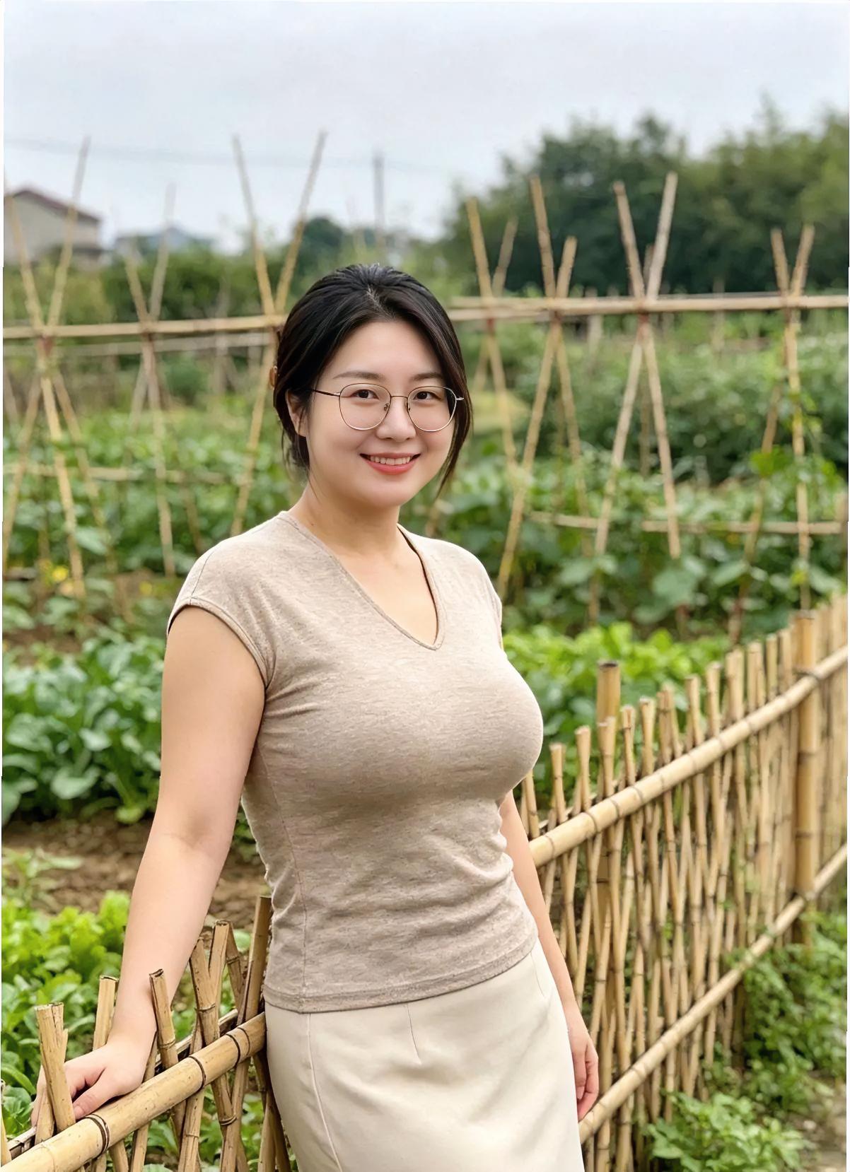 竹篱轻靠，笑意温温，菜畦铺开一片绿意。眼镜后头，目光清亮，像刚浇过水