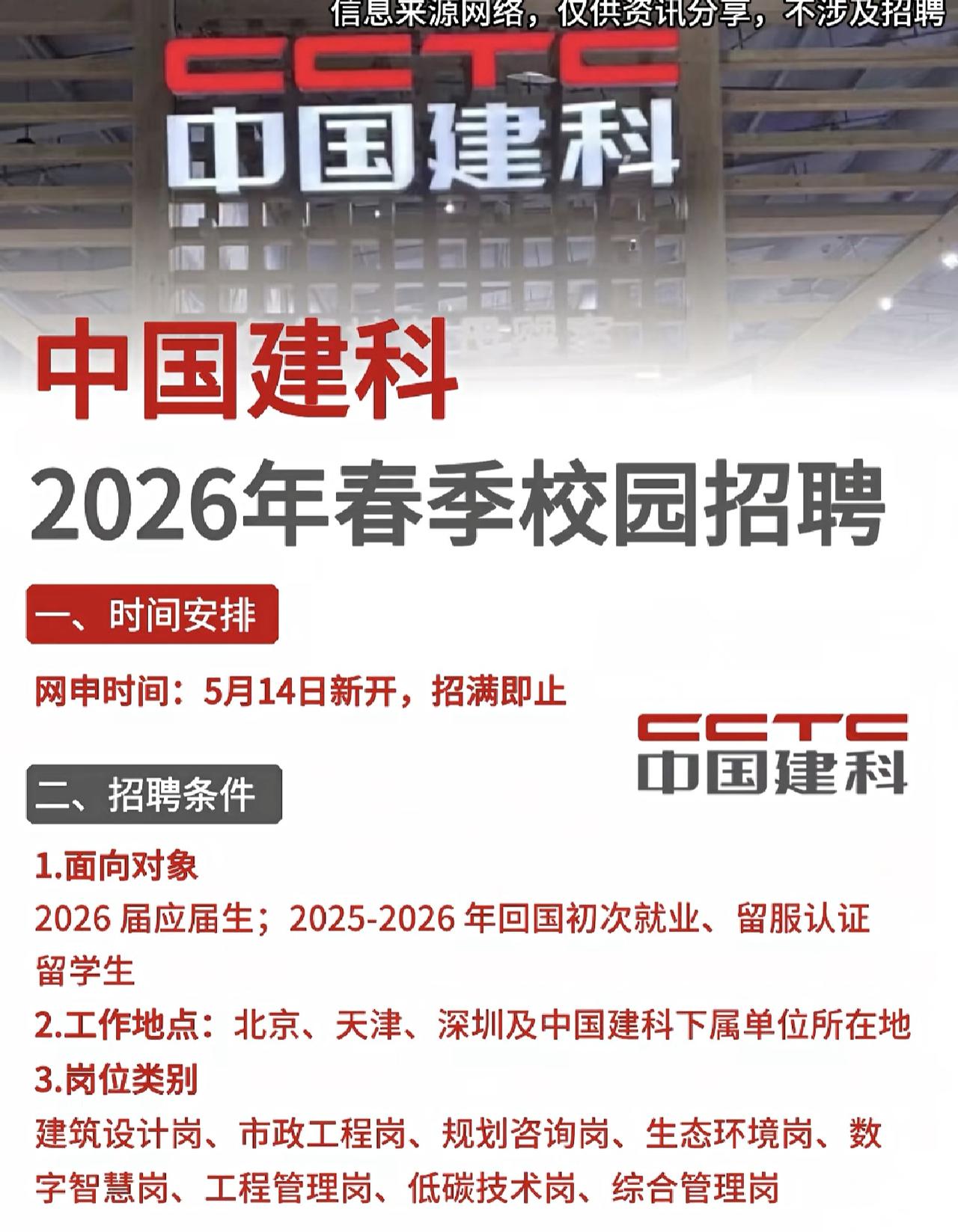 同学们，中国建科2026春招正在进行网申阶段，这次机会真的别错过。网申5月14日