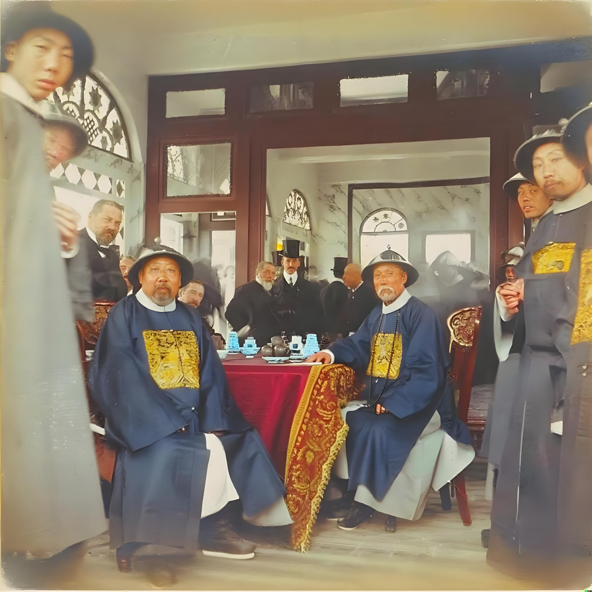 画面里，胖乎乎的那桐身着官服，正和外宾交流。这展现出晚清官员与外国使节往来的情景