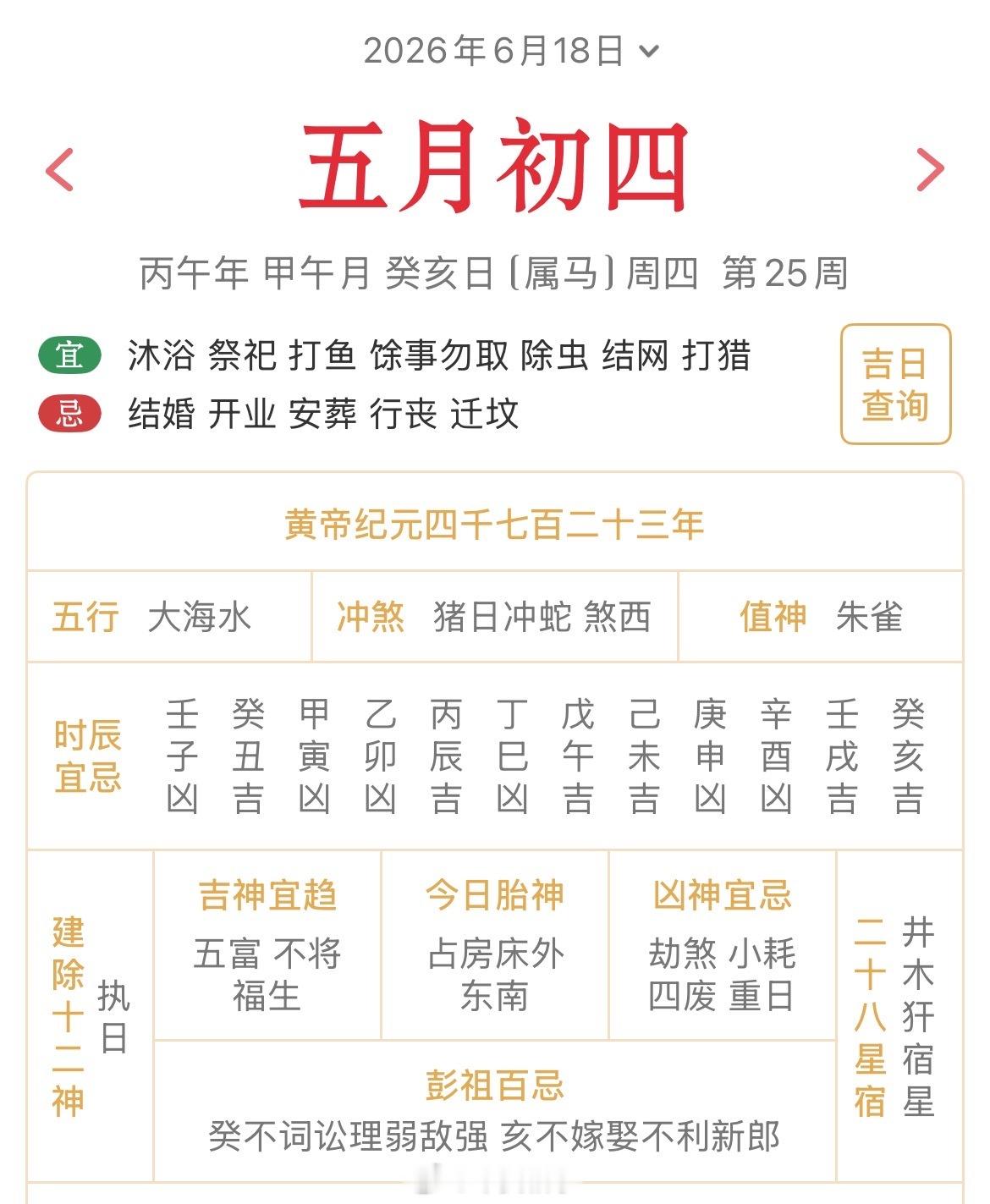 十二生肖每日简运仅供参考2026.6.18丙午年甲午月癸亥日癸亥天克地冲丁巳：