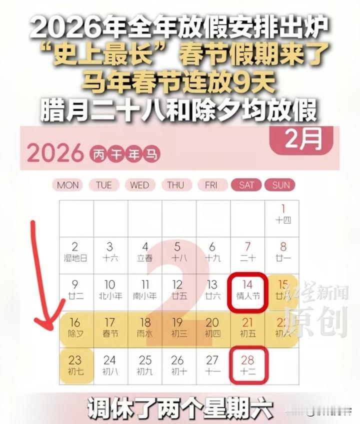 都说史上最长，但还不是要调休。2026年的春节假已经放出来了，连休9天。假期前