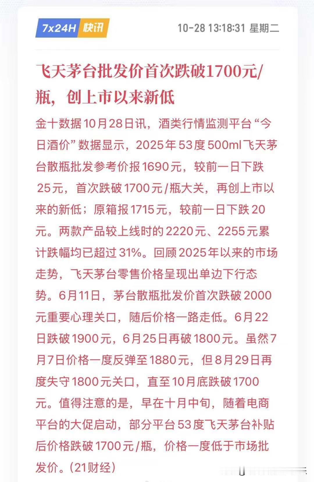 跟最贵的21年原箱3800一瓶。现在1715一瓶,四年时间,跌了54%,跟三四线