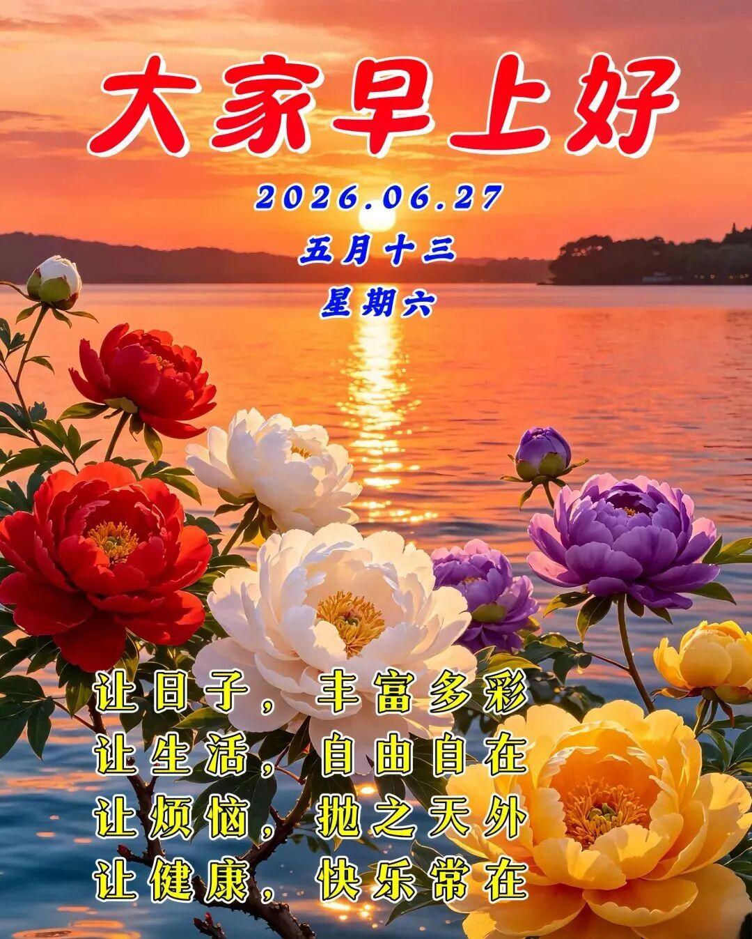 早上好！天气炎热，保重身体。多喝开水，注意休息。心情舒畅，遇事不急。劳逸结合，健