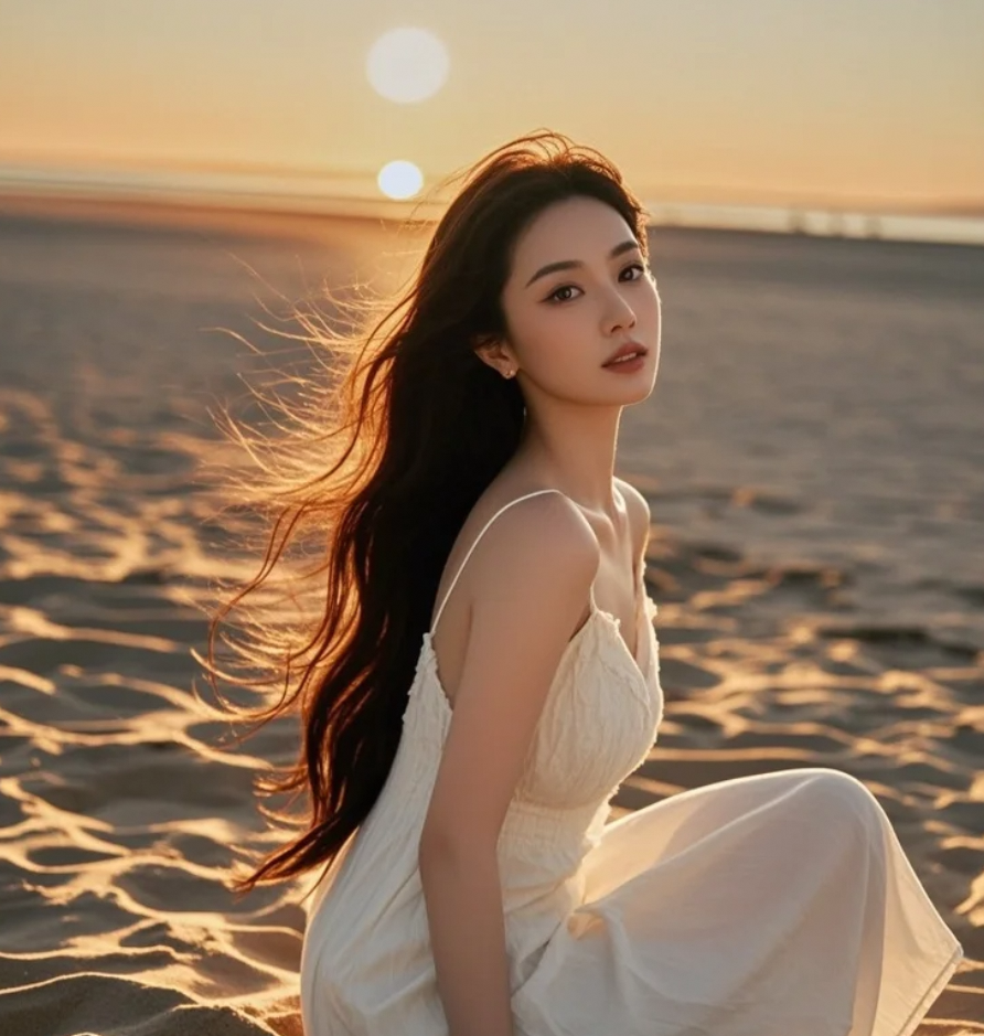 夕阳西下，大牌明星伫立海岸，长发飞扬，笑容宁静动人