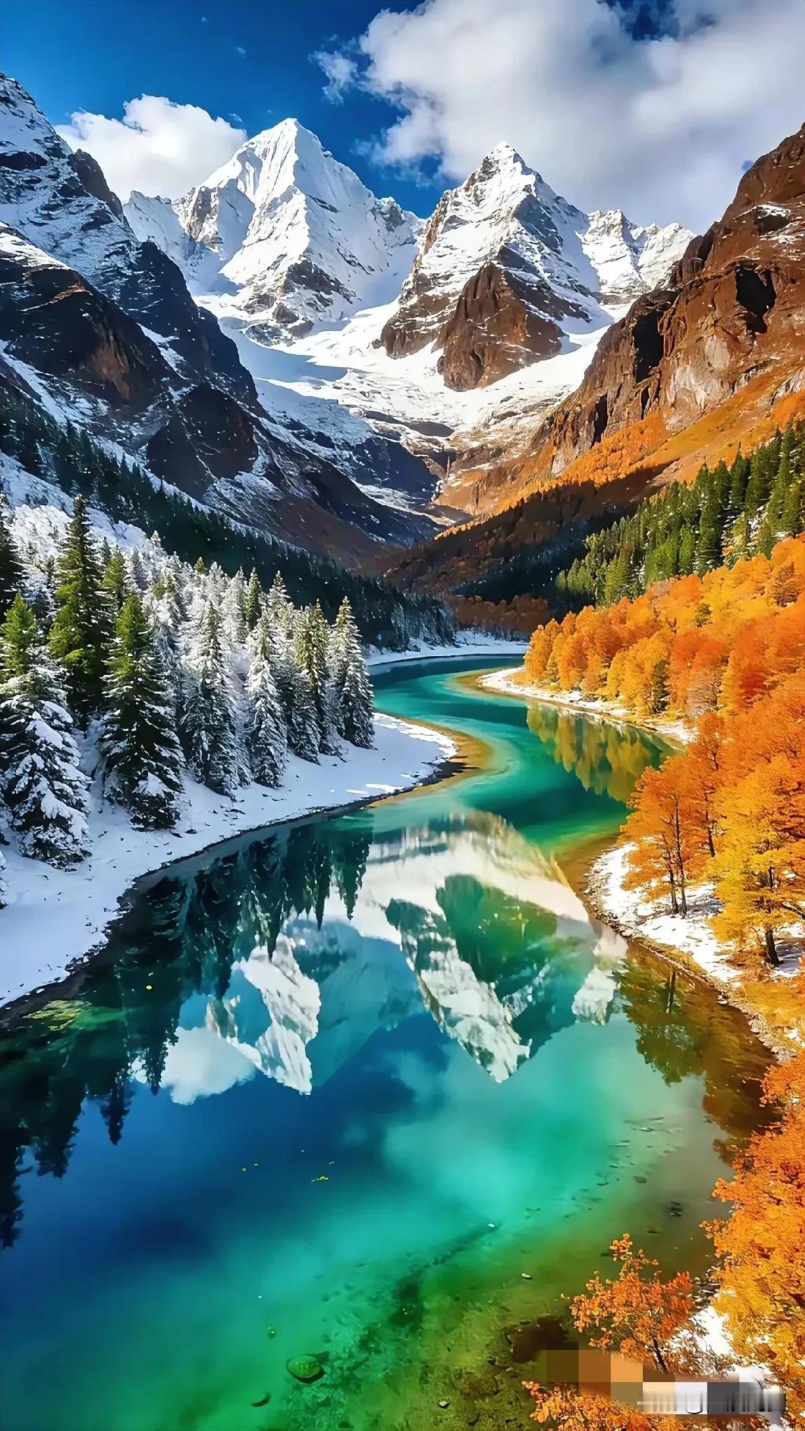 秋日宛如仙境，雪山的倒影清晰地映在碧绿的湖水中，美得让人陶醉！🍂🏔️💙湖面