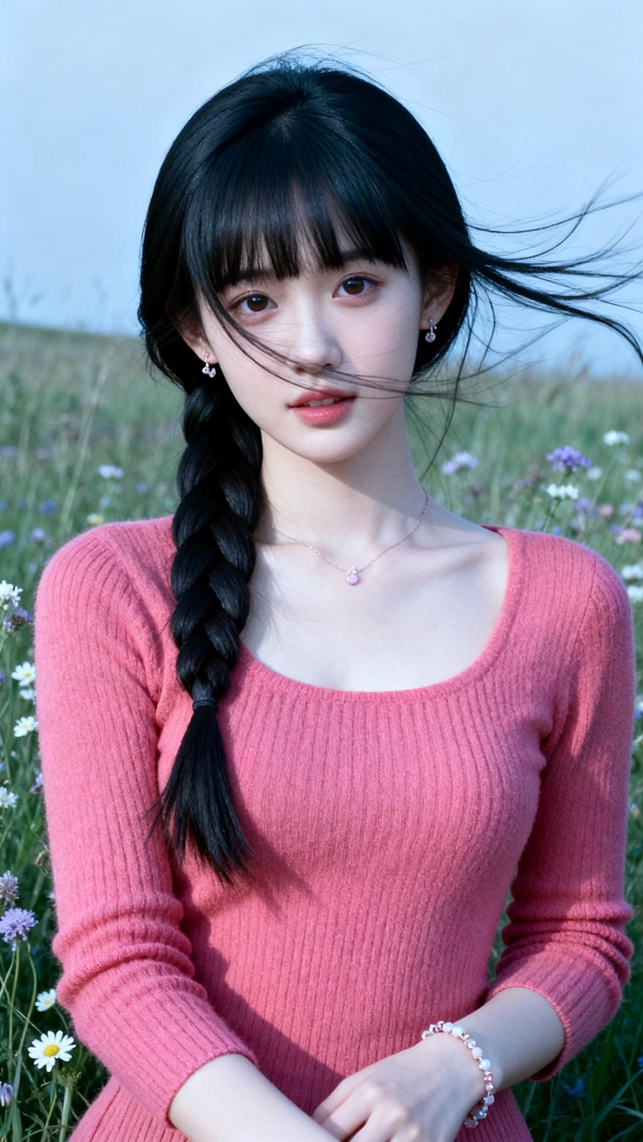红衣少女立花间，风起发丝舞翩翩。