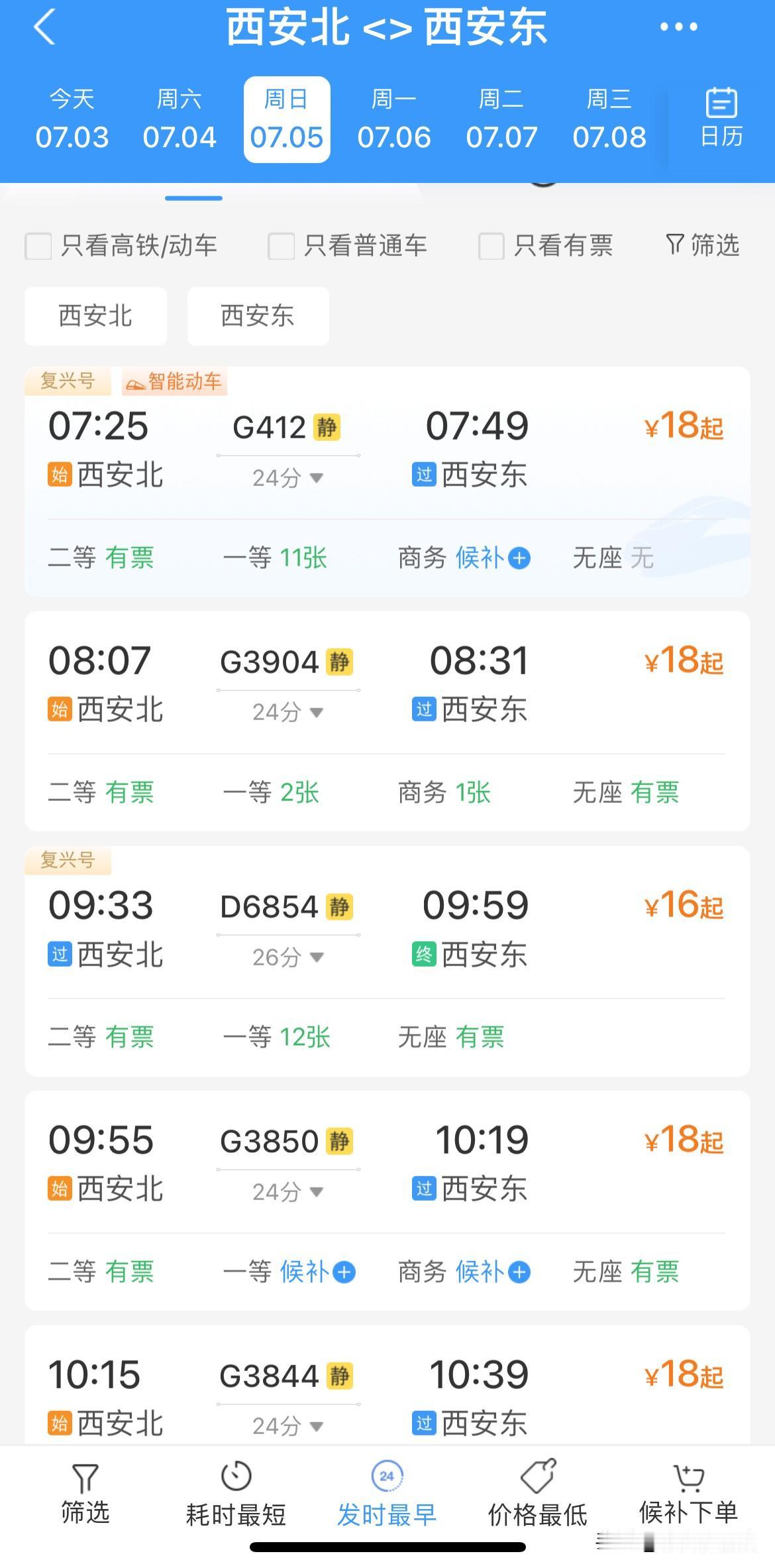 西安北站到西安东站高铁G412次列车，全程运行时间24分钟，票价18元，