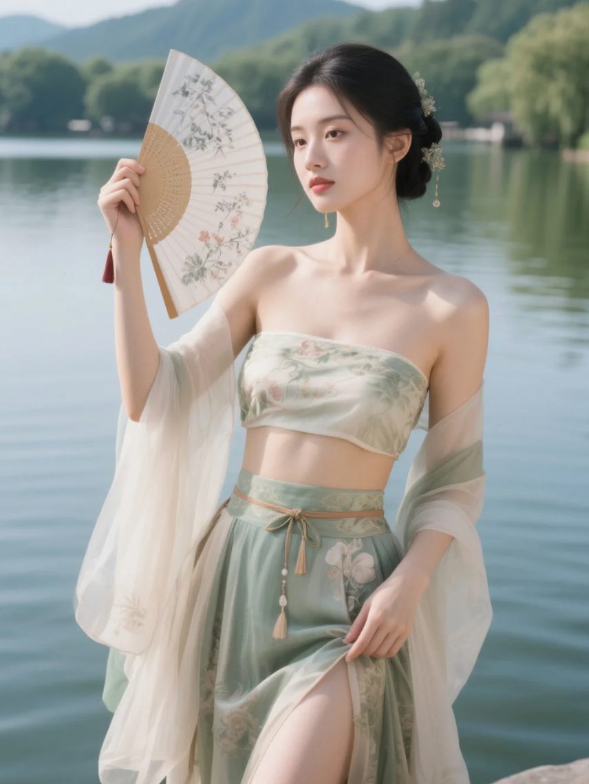她一手拿扇一手撩发，动作太撩人