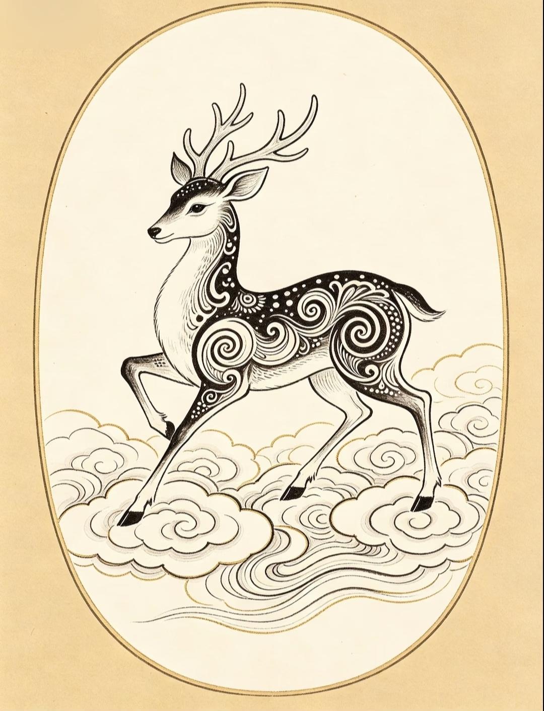 瑞鹿踏运，‌福禄双全‌传统文化绘画祝福