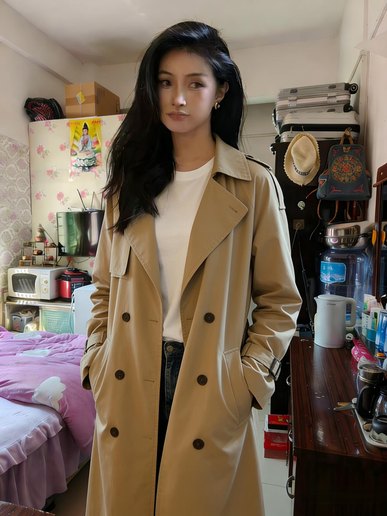 碎花墙下立娉婷，风衣轻扬带晓星。纵使尘间多琐碎，眸光一盼自倾城。