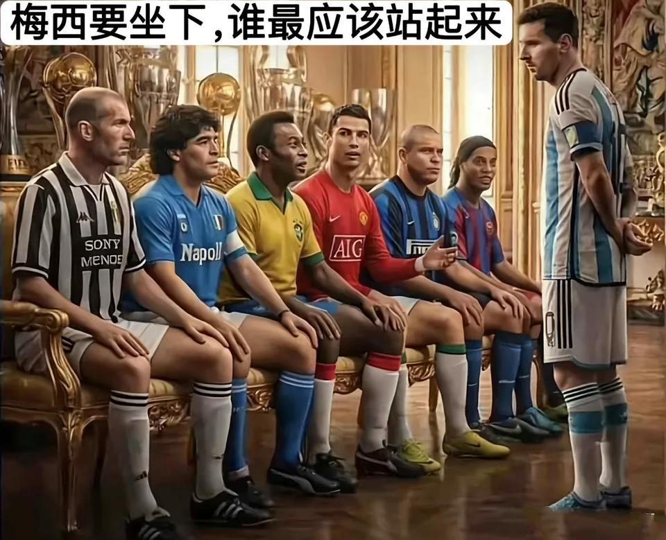 理论上梅西要坐下，谁都得让座吧。齐达内是老前辈，让座。马拉多纳是最好的前
