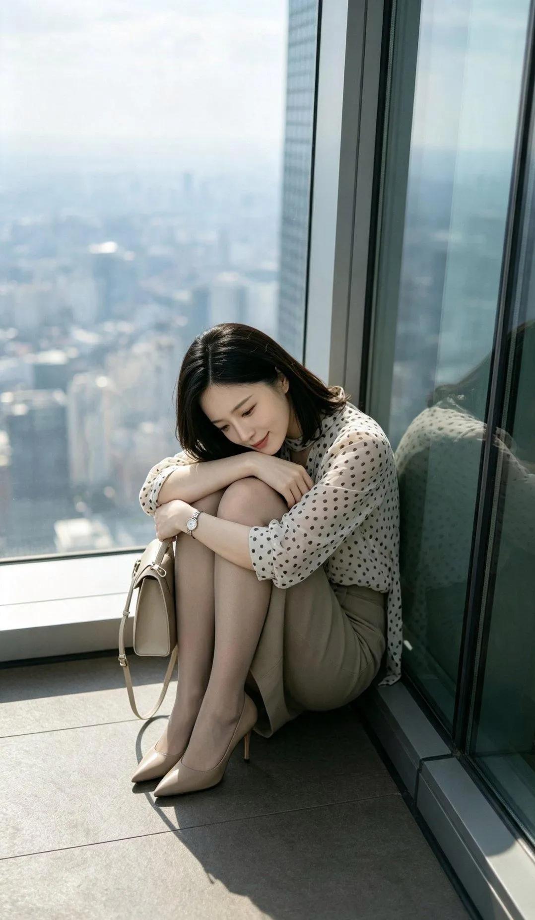 精致不张扬的轻熟感通勤look太戳人柔婉的波点飘带衬衫搭配修身卡其中长款铅笔裙