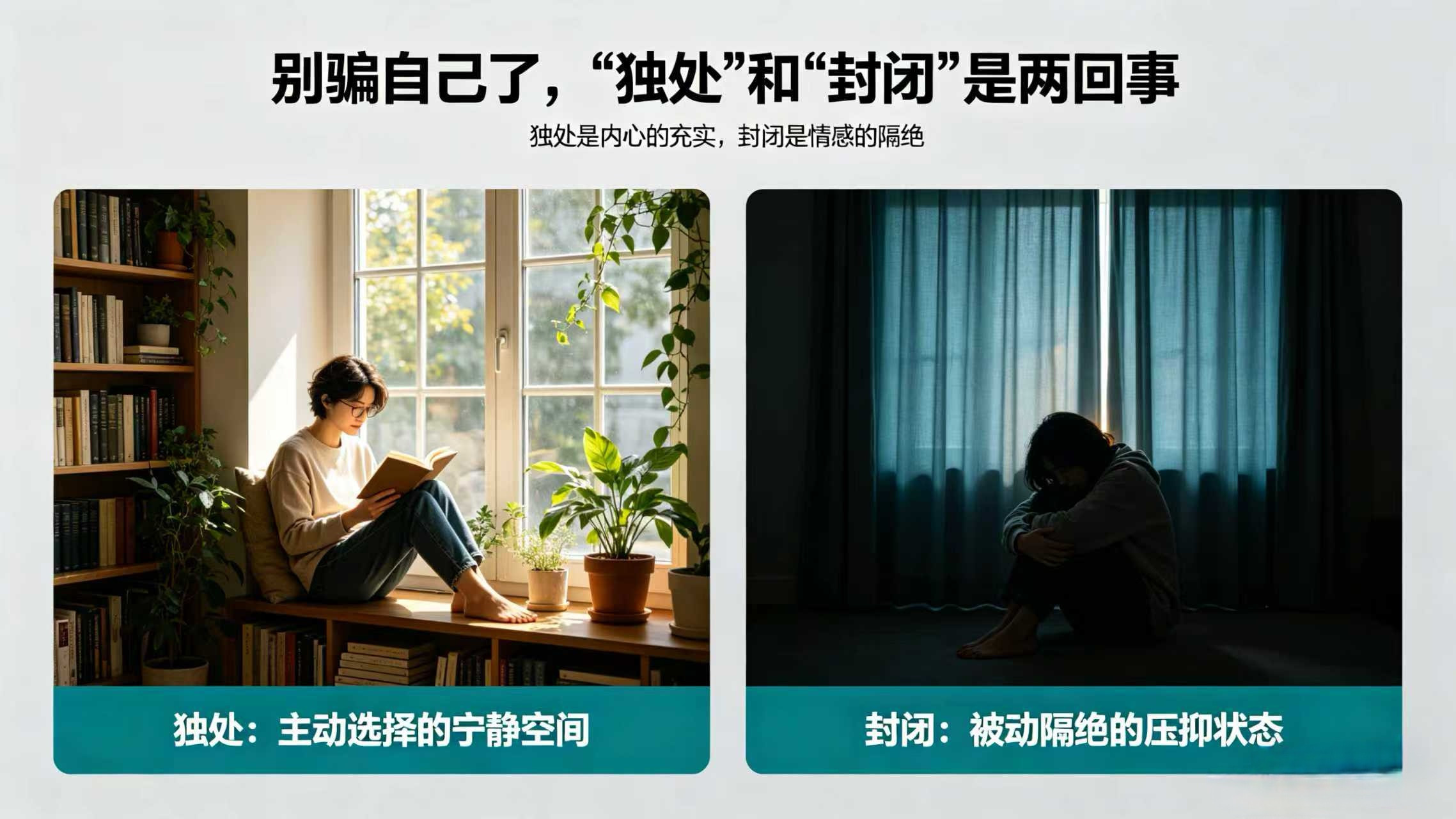 “独处”和“封闭”是两回事。封闭，会让你失去存在的意义，一个人的价值，不是在孤独
