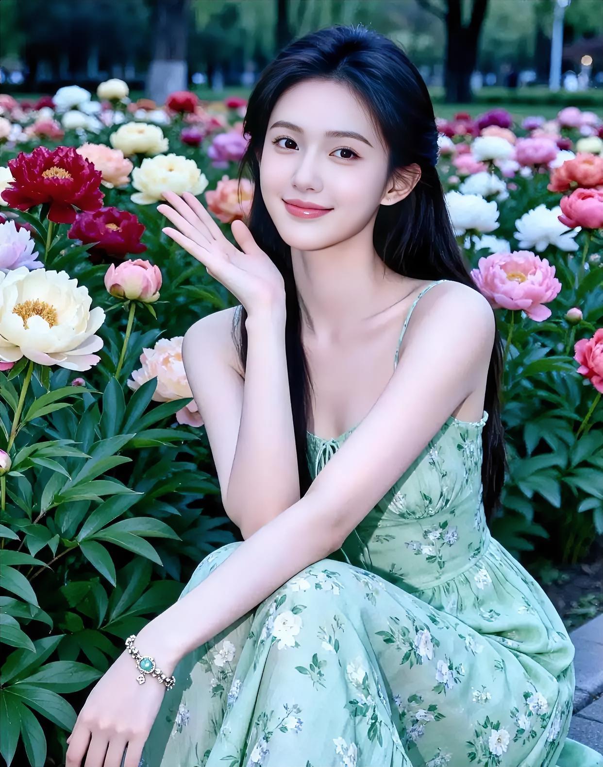 繁花丛中绿裙飘，浅笑挥手春意闹。碎花点点映脸庞，温柔如风醉心潮。