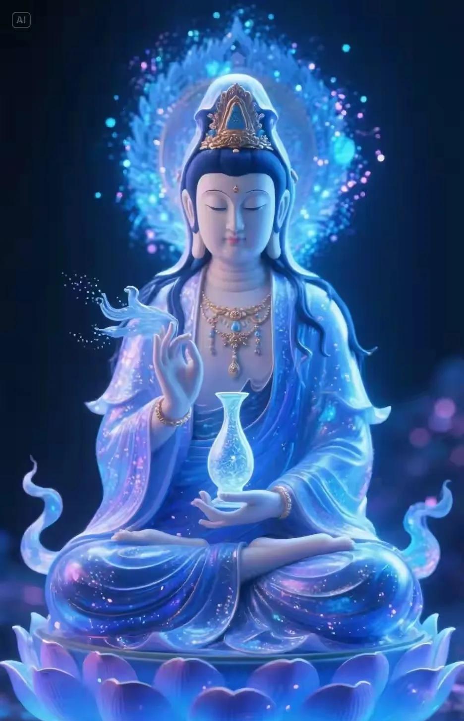 莲台赐福菩萨垂眸慈悲显，莲台浮空祥云现，善愿皆成遂人愿！青瓷瓶揽星河月，紫竹