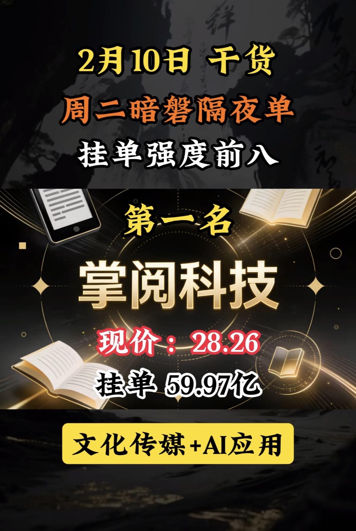 2月11日暗盘隔夜挂单特发信息，现价16.12，挂单18.47亿！"掌阅科技