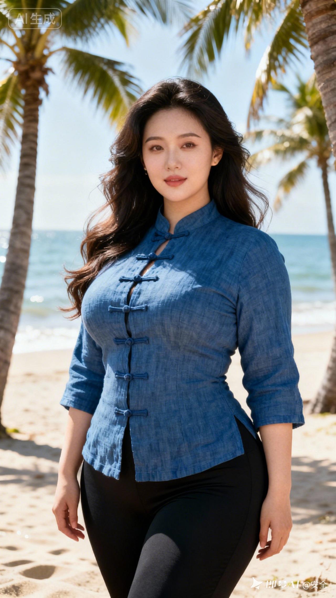 海边度假风，蓝色旗袍搭配黑色紧身裤，清新自然，美不胜收！🌊👗💃