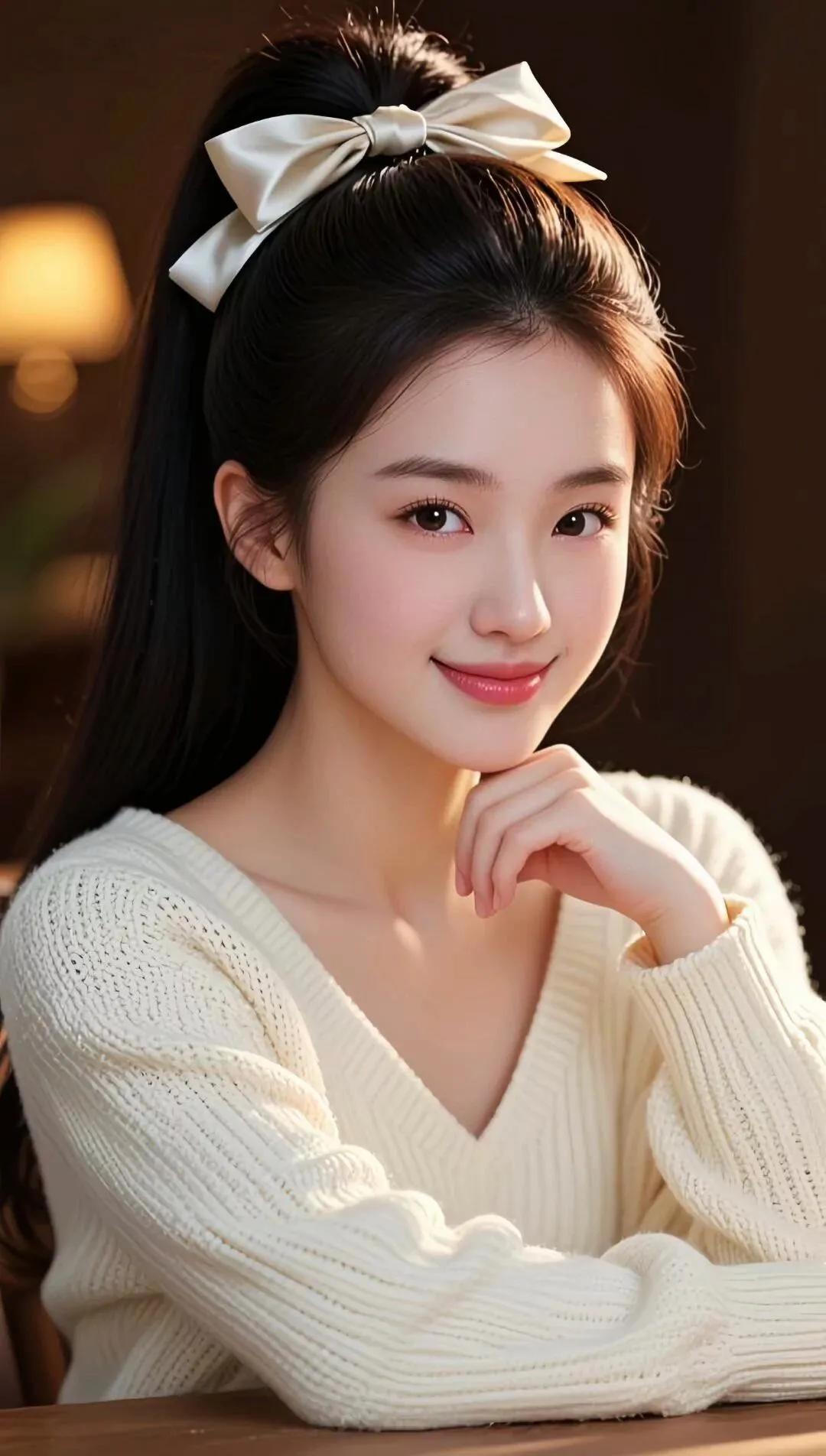 温柔甜美的少女，白色毛衣搭配蝴蝶结发饰，散发着冬日暖阳的气息。🌞💖