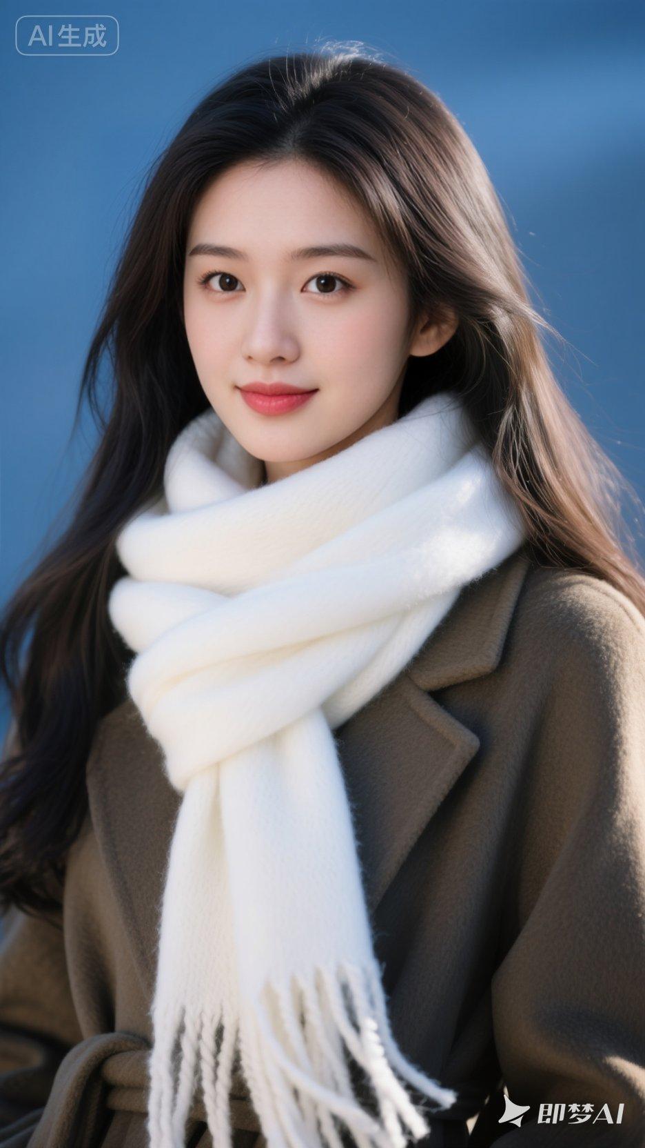 冬日暖阳下的温柔微笑，白色围巾与棕色大衣的完美搭配，尽显冬日时尚感。