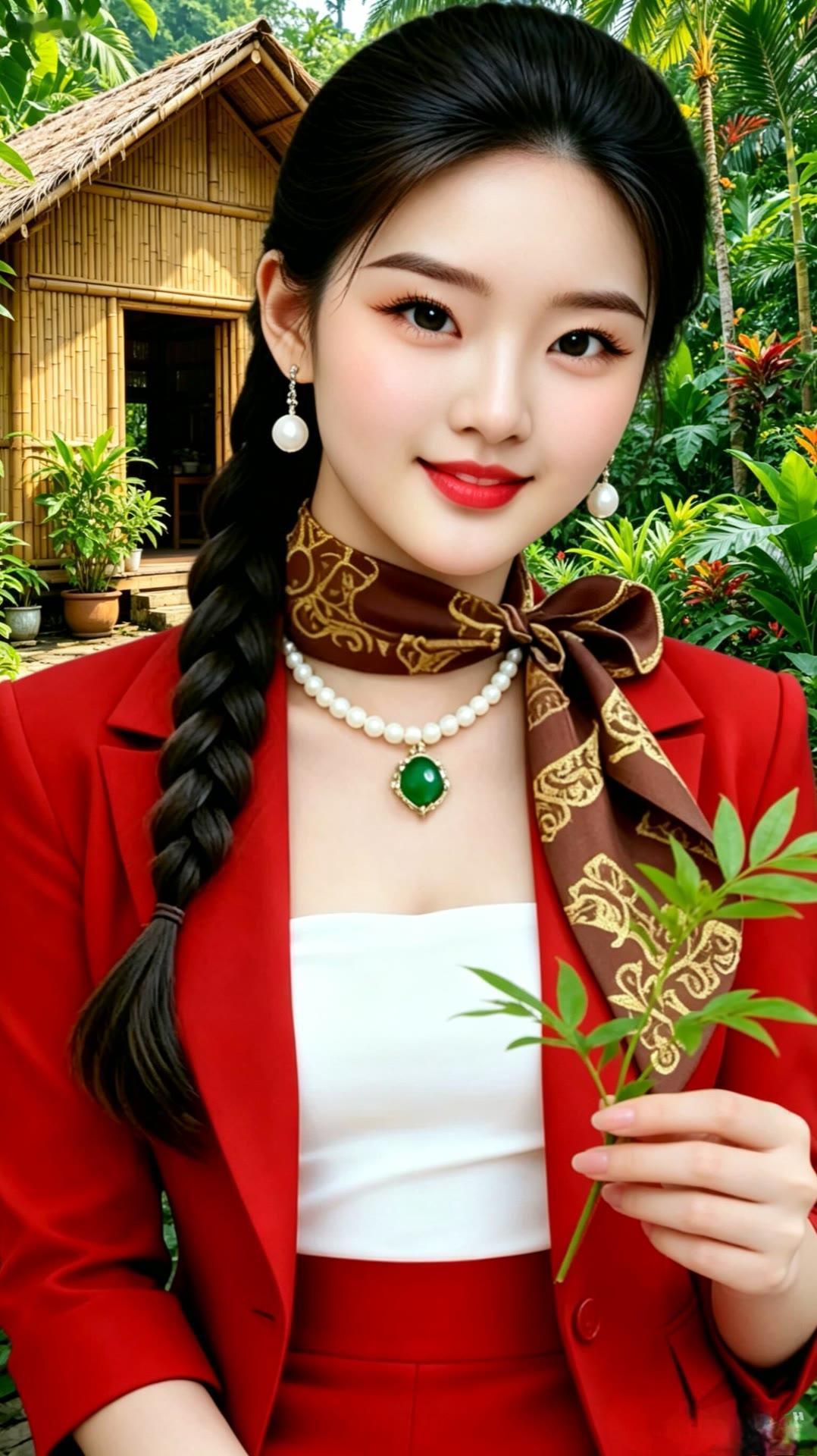 红衣美人笑，绿植映芳容。