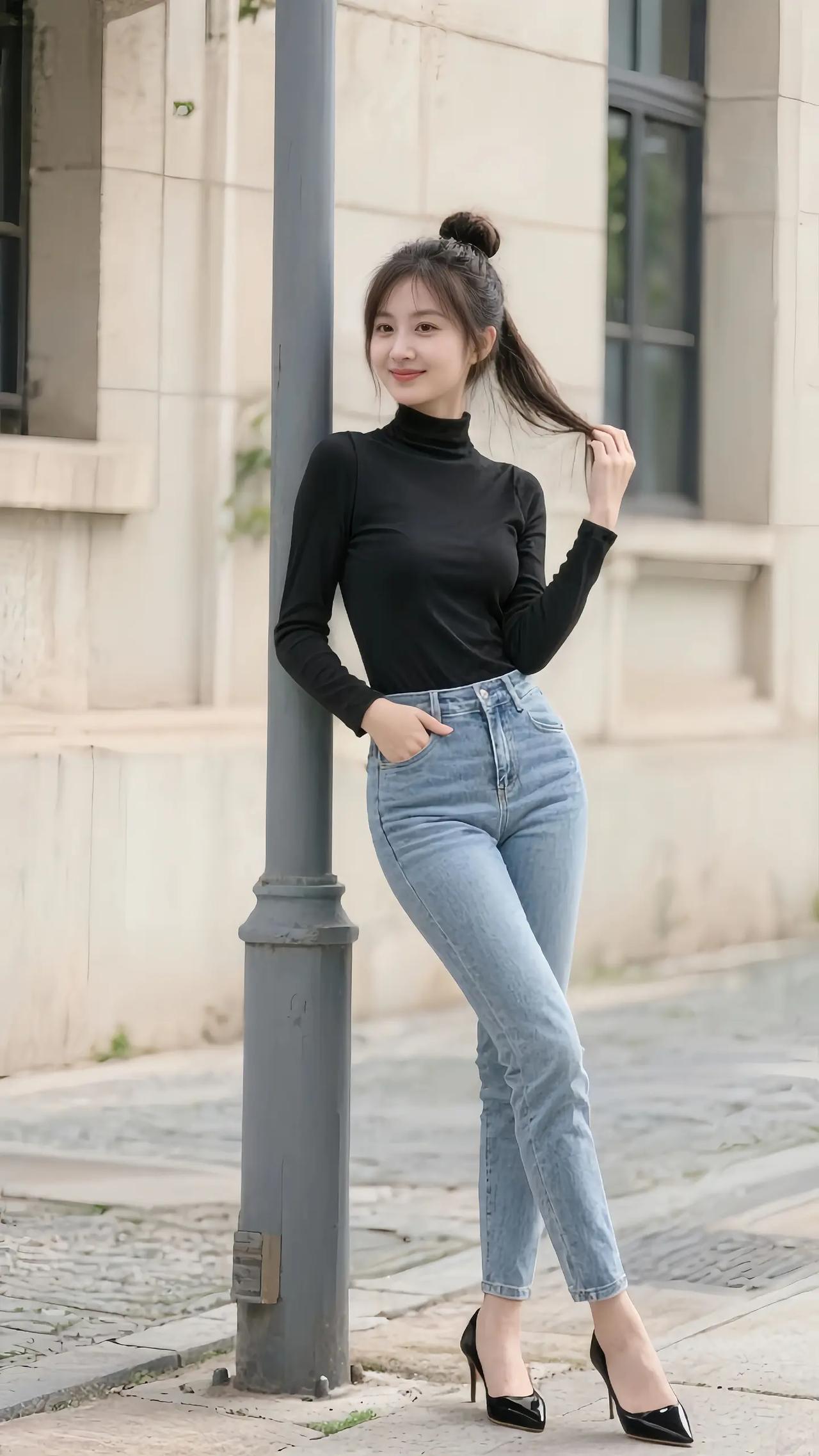 都市时尚少女，黑色高领衫搭配牛仔裤，脚踩黑色高跟鞋，优雅自信。晒晒少女靓影