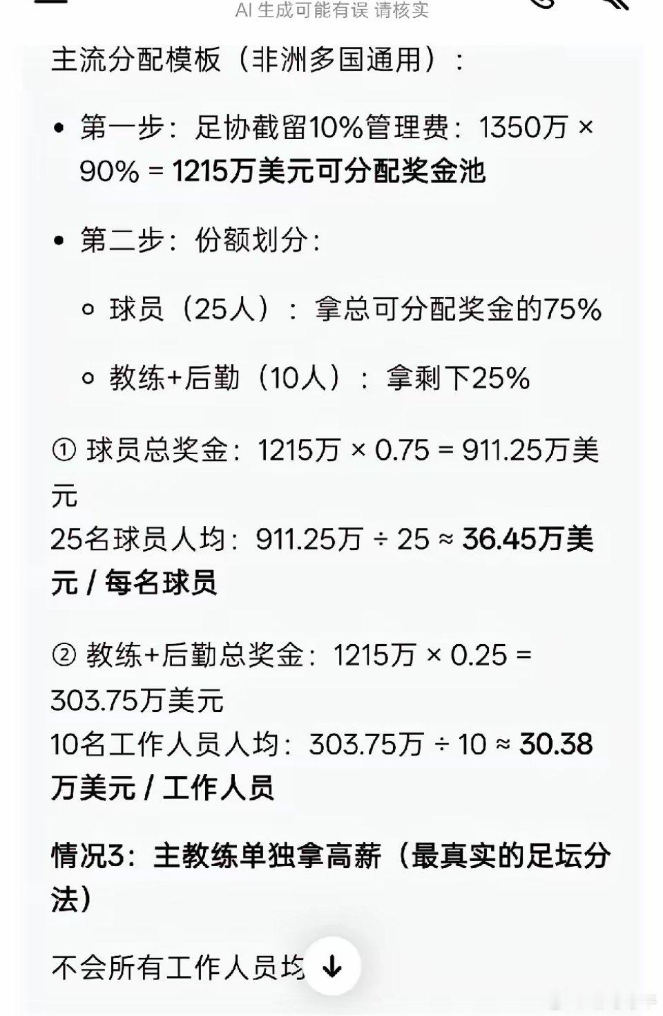 佛得角国家队收获1100万美元奖金+250万美元队伍备战金。扣除足协10%的管理
