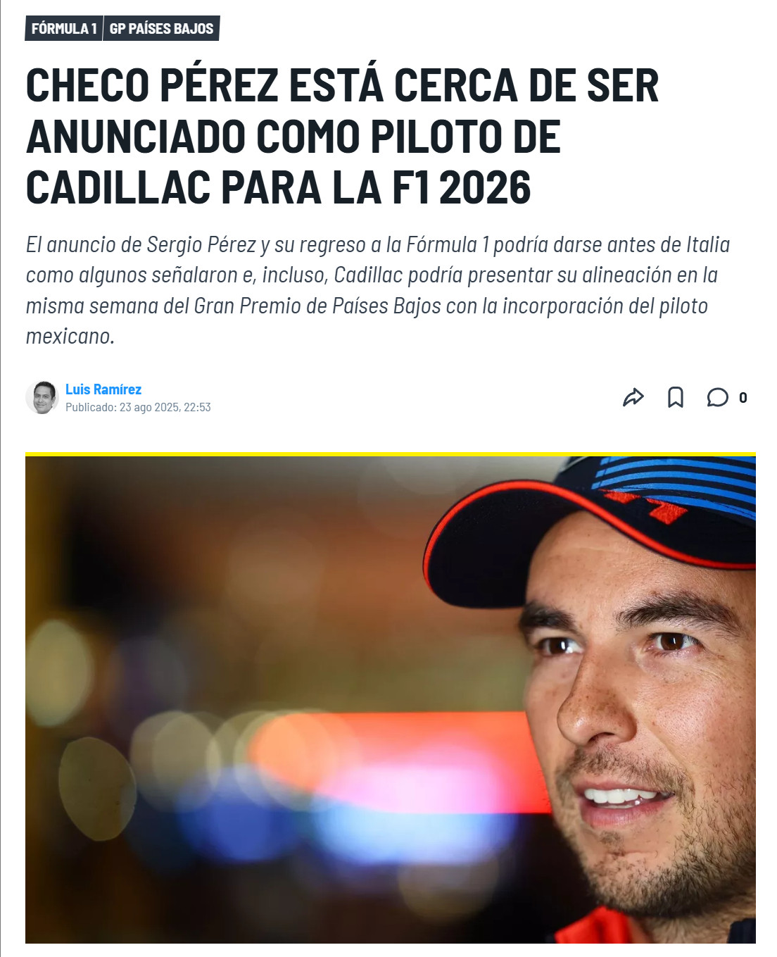 西班牙Motorsport：据悉佩雷兹与凯迪拉克F1车队签下了一份两至三年的合同