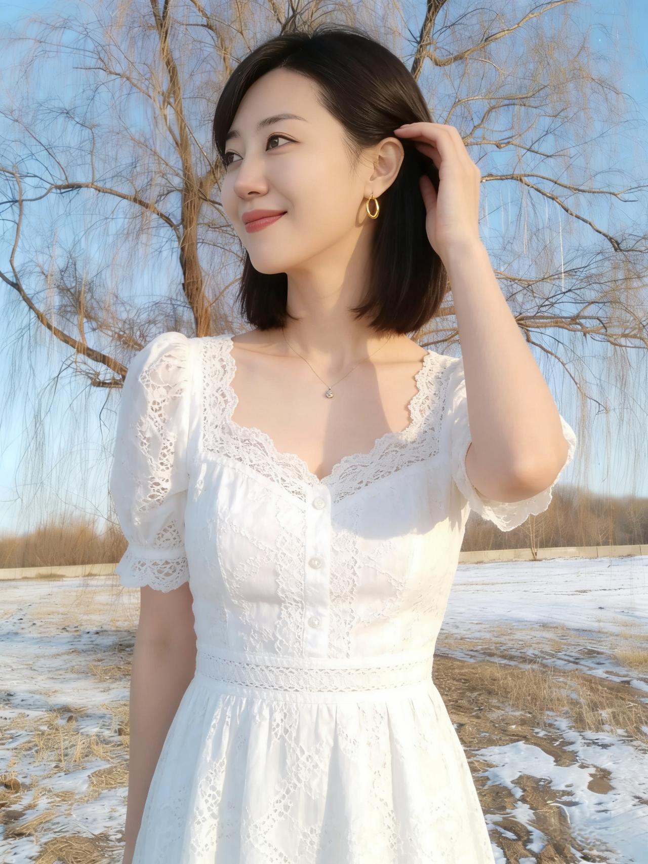 暮色初垂野径斜，佳人凝睇向天涯。轻衫映雪三分白，笑靥融霜一抹霞。金链垂胸星欲