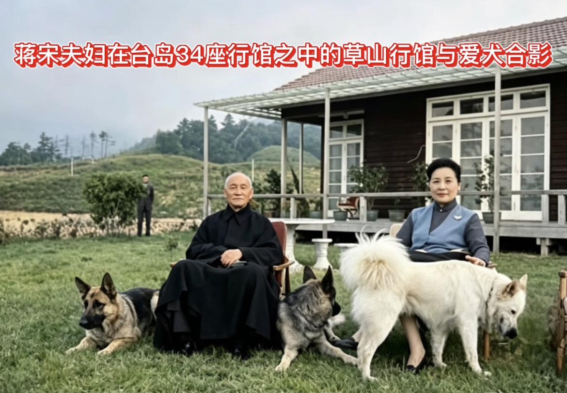 老照片：1961年，中国台湾省台北市的草山行馆草坪上，神情安然的老蒋和面带微笑的