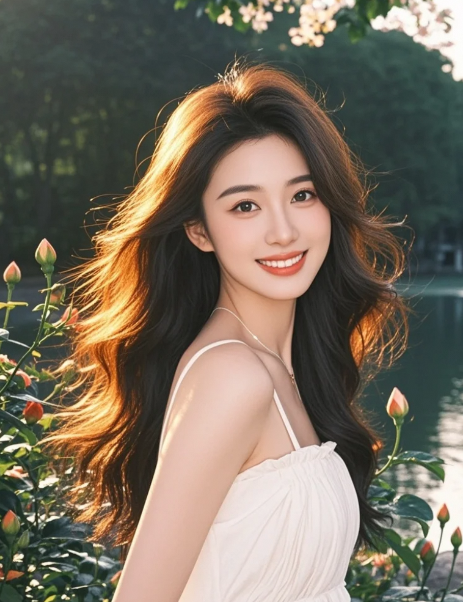 晚风轻拂，她长发如墨，笑容纯净，美得不染纤尘