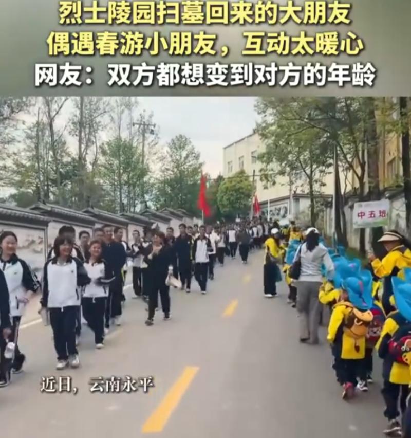 这个画面太美好了！云南永平，一幼儿园组织孩子们去春游，结果路上刚好遇到了从烈士陵