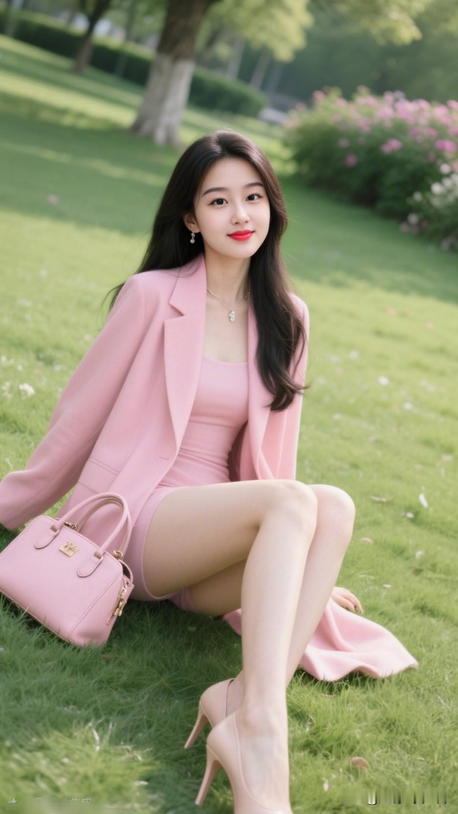 粉衣美人坐芳草，笑语盈盈似画中。分享生活随手拍粉嫩春日穿搭，甜美少女心爆棚！?